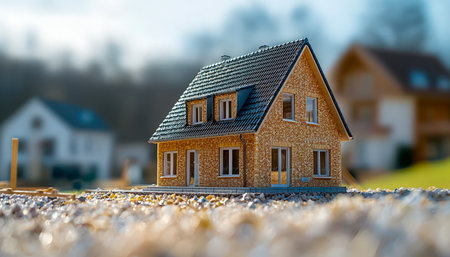 A small detailed brick house replica set on a construction terrain, with a soft-focused neighborhood in the distance, highlighting building progress aの写真素材