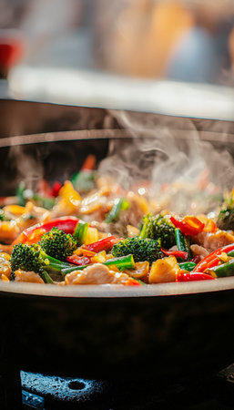 Vibrant mix of fresh vegetables rapidly saut?ed over steam in a traditional wok, capturing a lively, appetizing kitchen scene perfect for healthy eatiの写真素材