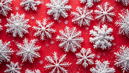 Delicate white snowflake patterns ornament a bold red backdrop, evoking warmth and cheer for...
