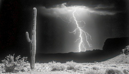 A vast arid scene illustrates jagged lightning illuminating a dark sky, casting silhouette of a...