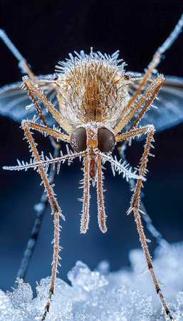 Intricate frost embellishes a tiny insect resting on a cold, glistening icy plane, highlighting delicate wings and minute body details in a crisp wintの写真素材