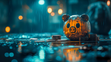 A gloomy night scene features a forlorn piggy bank surrounded by scattered coins, set against a rainy backdrop conveying financial stress or setbacks.の写真素材