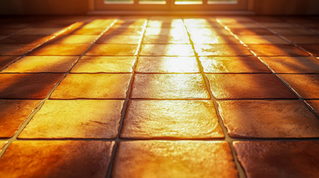 Warm sunlight reflects off glossy ceramic tiles, revealing intricate patterns and creating a cozy, inviting outdoor setting perfect for relaxing or enの写真素材