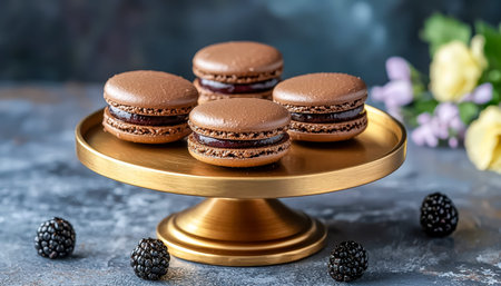 Elegant chocolate treats rest atop a shimmering gold stand, accented by lush blackberries and delicate blooms, set on a charming rustic surface.の写真素材