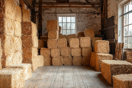 Rustic barn interior featuring weathered brick and wooden walls, with large hay bales creating a warm, nostalgic atmosphere perfect for rural themes.の写真素材
