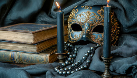 Luxurious mask adorned with fine details pairs with glowing candles, vintage books, and shimmering pearls on a rich, dark fabric background.の写真素材