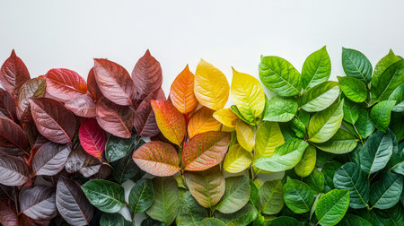 Brightly colored foliage featuring lush green, sunny yellow, fiery orange, and royal purple leaves scattered artistically on a stark white backdrop.の写真素材