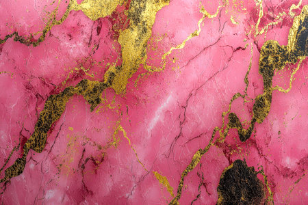Rich pink marble featuring shimmering gold and dark veins, exuding elegance and opulence, perfect for upscale interiors or artistic design accents.の写真素材