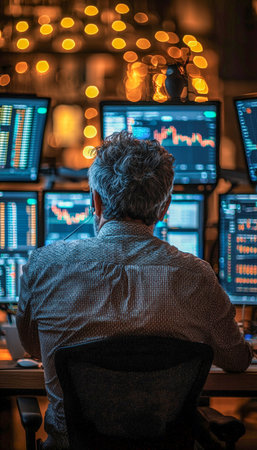 A focused finance professional studies complex charts across several monitors, illuminated by soft glows and city lights blurred in the background.のeditorial素材