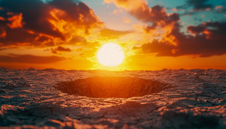 Vibrant orange sky casts shadows on a fractured arid plain, highlighting a vast, jagged crater amid a desolate, haunting wildernessの写真素材