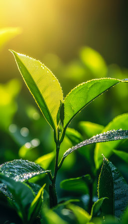 Morning sunlight highlights glistening dew-kissed tea leaves, capturing nature's freshness and tranquility in a vibrant, detailed close-up.の写真素材