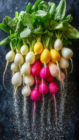 Vibrant cluster of tiny radishes in shades of pink, purple, and white, topped with lush green leaves, arranged on a sleek dark backdrop.の写真素材
