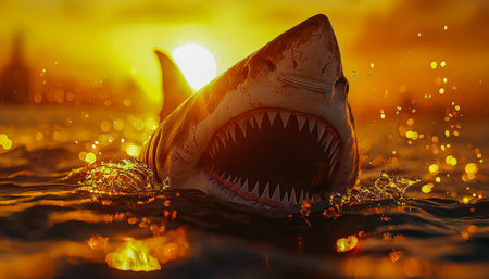 A fierce predator bursts through ocean waves at dusk, displaying razor-sharp teeth amid a dramatic sunset, evoking power and latent threat.の写真素材