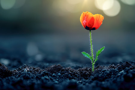 A solitary scarlet bloom emerges from rich earth as dawn's gentle light illuminates its delicate petals, evoking renewal and quiet resilience.の写真素材