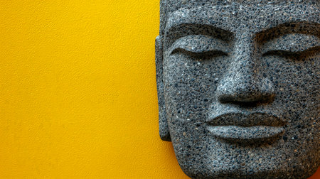 A detailed view of an ancient stone Buddha sculpture's worn surface, set vividly against a bright yellow backdrop, evoking serenity and cultural depthの写真素材
