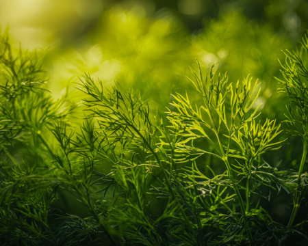 Vibrant fresh herbs with dew, bathed in warm sunlight, creating a lively, inviting scene perfect for...