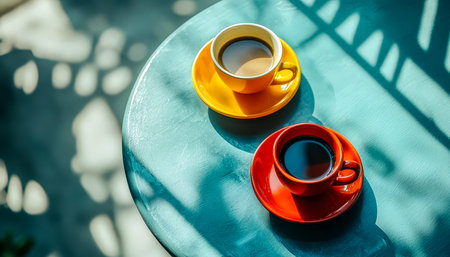 Vibrant cups resting on vivid saucers, basked in soft sunlight and shadows, creating a cozy scene perfect for cafe promotions or morning mood shots.の写真素材