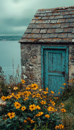 A charming stone house features an aged blue entrance while bright yellow blossoms frame the scene, with a water view under a moody, overcast sky.の写真素材