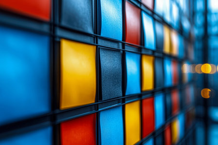 Vibrant mosaic of square ceramic tiles featuring cheerful yellow, deep blue, and bright red hues, creating a lively, artistic backdrop.の写真素材