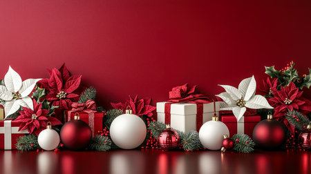 A cheerful holiday display featuring vibrant poinsettias, shimmering ornaments, and neatly wrapped presents against a bold crimson backdropの写真素材