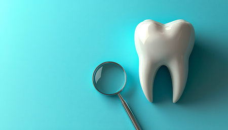 An oversized white dental replica displayed on a soft blue backdrop, featuring a reflective mirror...