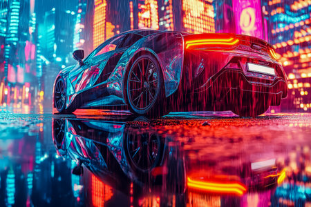 Sleek, high-tech vehicle radiates vibrant neon hues amid a bustling nighttime metropolis, reflecting brilliantly on rain-slick streets.の写真素材