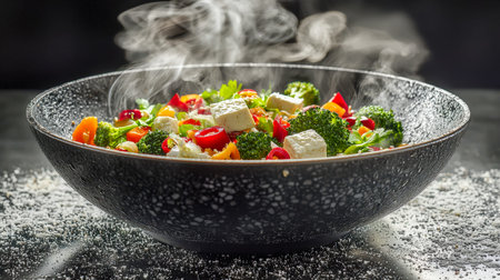 A vibrant medley of fresh, lightly steamed vegetables topped with melted cheese, artistically arranged in a sleek black bowl for appetizing appeal.の写真素材