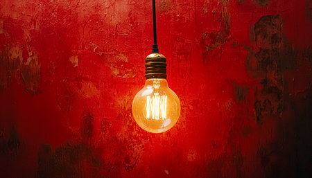 A vintage-style filament bulb suspended before a rugged red surface, creating a warm, industrial ambiance perfect for cozy, artistic settings.の写真素材