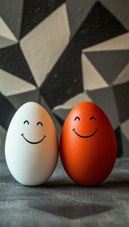 Two cheerful, hand-drawn eggs with happy faces stand upright amid a colorful, angular geometric backdrop, creating a playful and modern vibe.の写真素材