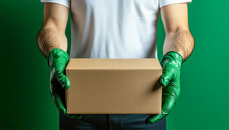 A hand clad in vibrant green gloves carefully cradles a plain cardboard container, set against a matching green backdrop, evoking eco-consciousness anの写真素材