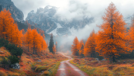 A tranquil fall scene features vibrant orange foliage, rolling fog-covered mountains, and a curving dirt path inviting exploration.の写真素材