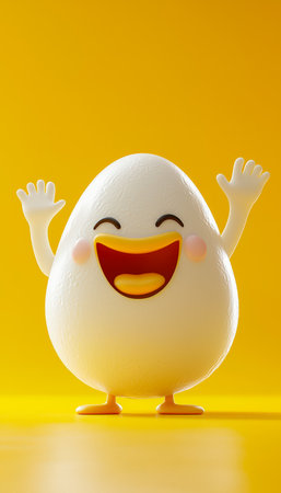 A cheerful animated egg with a big smile and raised arms, radiating happiness on a lively yellow backdrop perfect for promoting positivity and fun.の写真素材