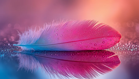 A vivid feather adorned with tiny water beads reflects light against an enchanting, surreal backdrop radiating pure, whimsical colors and tranquility.の写真素材