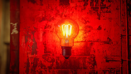 Warm yellow glow from a vintage filament bulb casts soft reflections against a vivid, textured crimson wall, creating an intimate and nostalgic atmospの写真素材