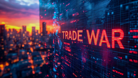 Futuristic metropolis illuminated by vibrant neon lights, with dynamic red and blue signals flashing the phrase 'trade war', evoking tension and digitの写真素材