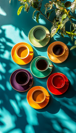 Vibrant ceramic mugs lined along a vivid azure background, illuminated by patterned sunlight, accented with lush green leaves for a lively, inviting aの写真素材