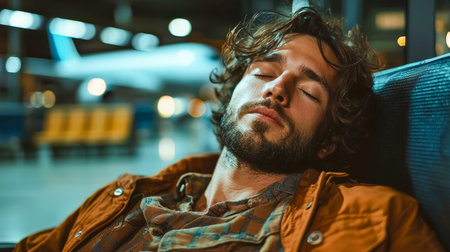 A tranquil young man dozes amidst modern airport surroundings, with softly blurred aircraft and...