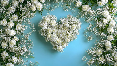 A delicate heart-shaped cluster of white roses accented with baby's breath, set against a soft pastel blue backdrop, evokes romantic elegance.の写真素材