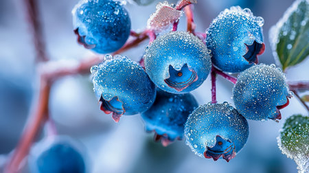 Juicy, icy blueberries glisten with fresh water droplets, highlighting their rich color and textured surface on a dew-kissed branch.の写真素材