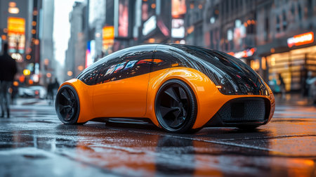 A sleek, illuminated orange vehicle with aerodynamic design rolls along a vibrant city street under neon-lit skies, embodying next-gen mobility.の写真素材