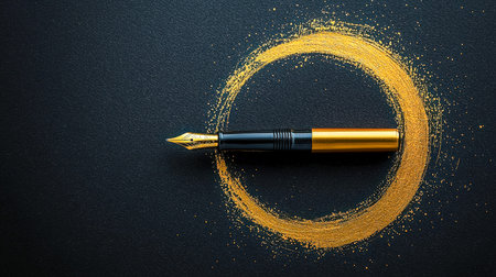 An elegant pen with shimmering gold details forms intricate loops on a dark backdrop, evoking creativity and craftsmanship in writing.の写真素材