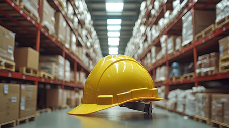 A bright yellow hard hat rests on metal shelving in a busy warehouse, surrounded by stacked cardboard boxes, suggesting safety and logistics organizationの写真素材