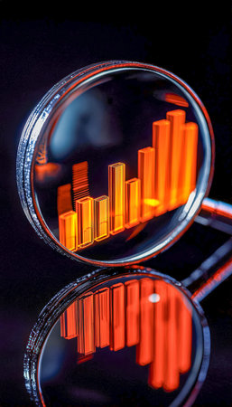 A close-up of a magnifying lens highlighting a vibrant orange upward-trending graph, with its...
