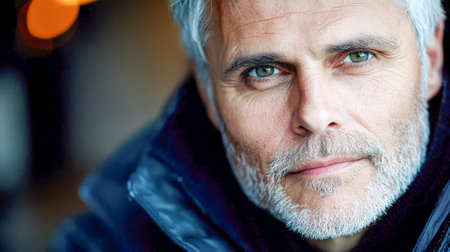 Bearded older man with vivid blue eyes and glossy silver hair gazes thoughtfully, highlighting his confident, timeless presence and distinguished featのeditorial素材