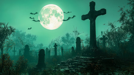 A chilling night scene with cracked tombstones, fluttering bats, and a glowing full moon casting shadows among weathered crosses and misty gloom.の写真素材