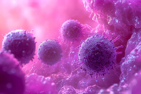 A vivid digital artwork showing microscopic virus forms in striking shades of purple and pink,...