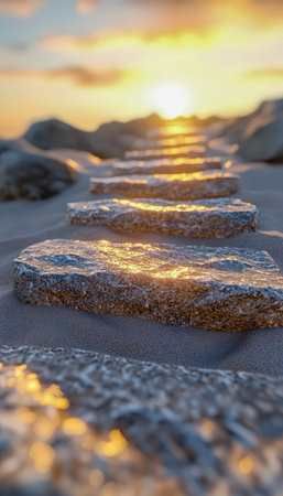 A rugged trail of stones winds through an arid terrain, bathed in warm sunset hues as the sky melts...