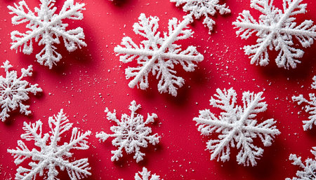 Delicate white snowflake patterns against a vibrant red backdrop evoke festive warmth, perfect for holiday card designs and seasonal decor.の写真素材