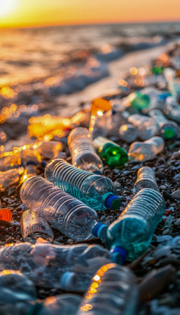 Sunset bathes a polluted shoreline strewn with discarded bottles and trash, capturing the somber impact of human neglect on marine environments.の写真素材