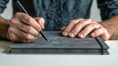 An individual sketches thoughts or planning ideas, their hand poised over a sleek dark journal, creating a calm, focused workspace ambiance.の写真素材